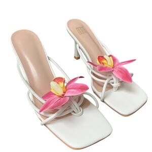 New Womens Size 9 White Pink Flower Slide On 4" Heel Open Toe Thong Sandal Shoes